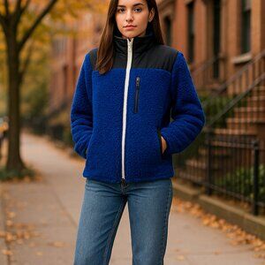 Sandy Liang Rushi Sherpa Fleece Jacket Blue Black Shearling Zip Coat Size L